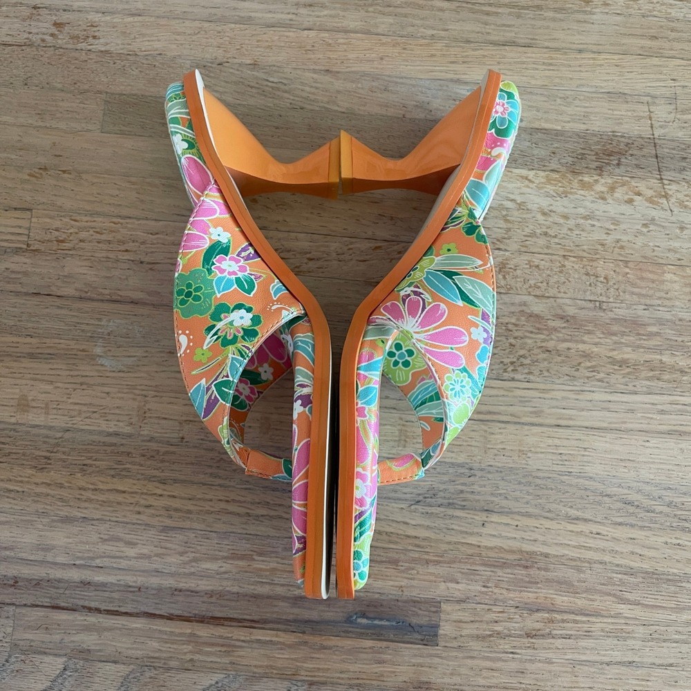 Circus by Sam Edelman Floral Thong Sandals Orange Square Toe Spool Heel Size 7 - Picture 3 of 6